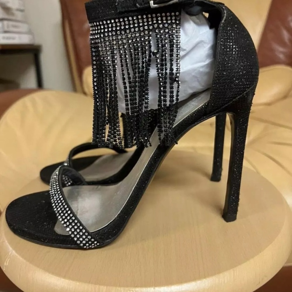 Stuart Weitzman Onfiresong Black Crystal Fringe Sandal Heels - Picture 3 of 8